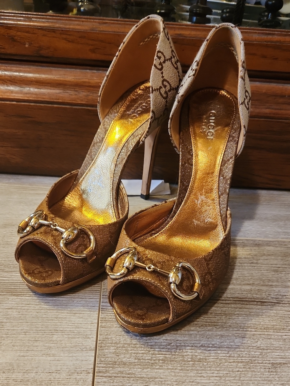 Gucci Brown Canvas & Metallic Gold Open-Toe High Heels with Horsebit